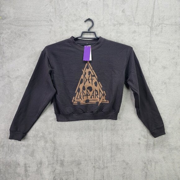 Womens Black Cropped Sweatshirt w/ Leopard Print Def Leppard Graphic S Small - Picture 1 of 11